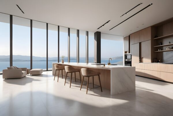 Modern open-concept kitchen with ocean views.