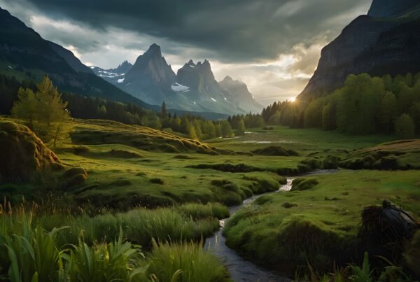 A serene valley with mountains at sunset.