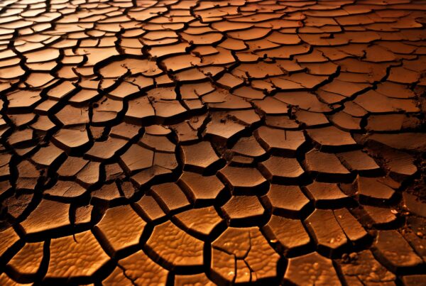 A sunlit cracked earth surface, highlighting dry, arid conditions and intricate patterns.