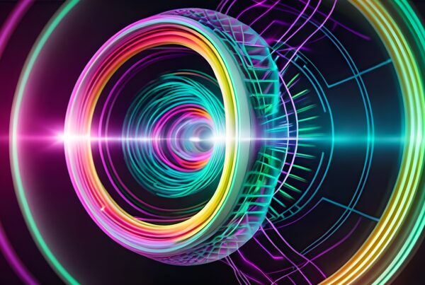 A vibrant abstract design with neon colors and futuristic circles radiating energy.