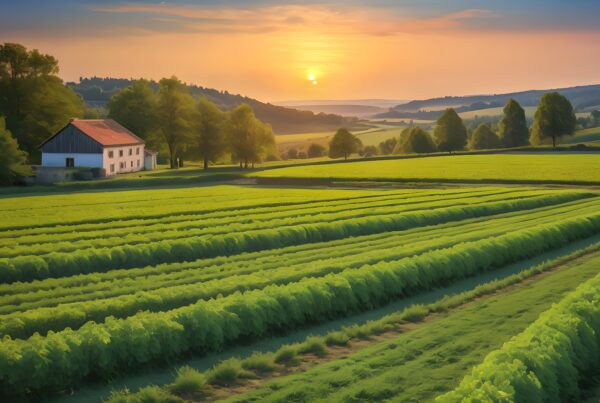 Scenic sunset over lush green fields with a charming countryside house and rolling hills in the distance.