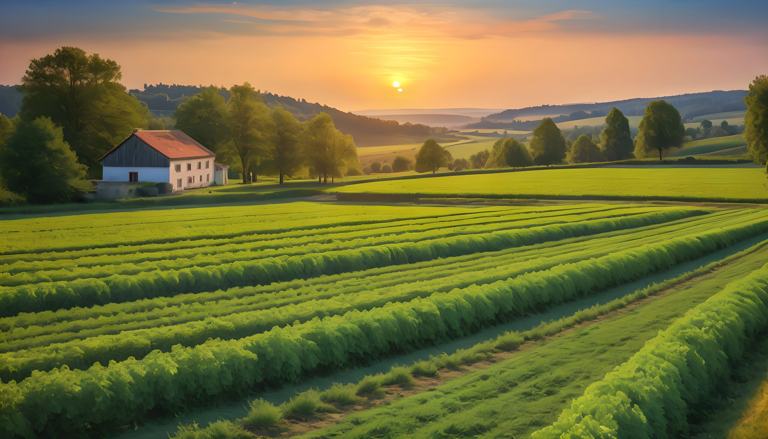 Sunset Over Lush Green Fields