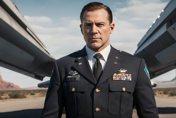 Portrait of a decorated military officer standing between two aircraft with a desert landscape backdrop.