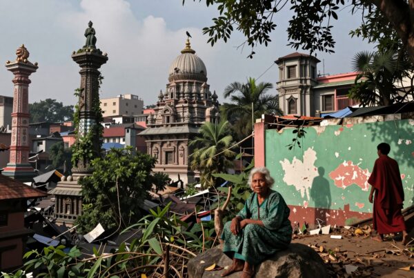 A woman sits by an ancient temple amidst foliage, embodying a serene urban landscape.