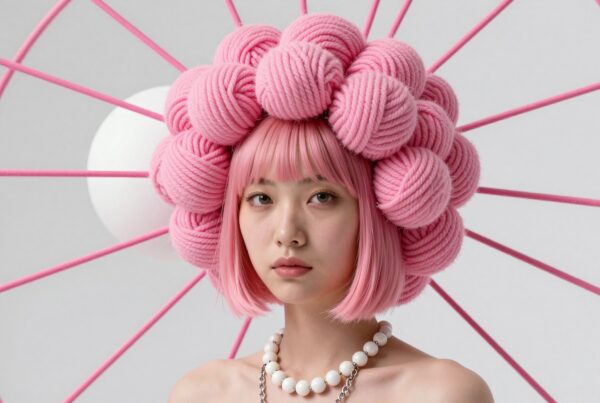 A person with pink yarn hair and a pink structure backdrop.