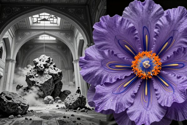 A vibrant purple flower with detailed petals and a surreal contrast between grayscale architecture and colorful nature.