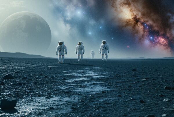 Astronauts exploring lunar-like terrain under star-filled sky.