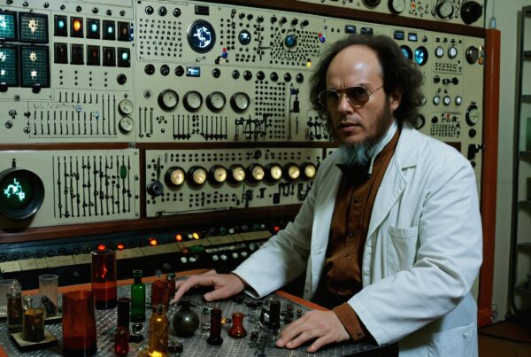 A scientist operating vintage equipment in a control room.