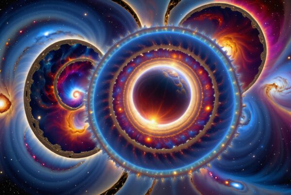 Abstract cosmic art with vibrant swirling colors and celestial patterns.