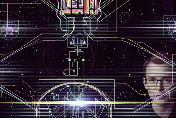 Abstract image of human face overlaid with digital circuit design, representing technology integration and cybernetic themes.