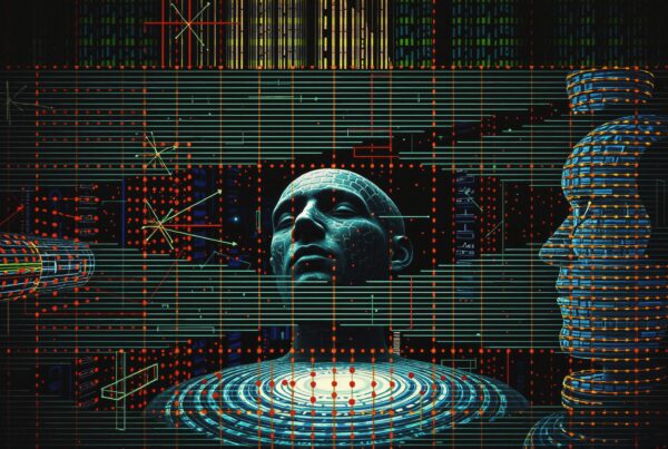Futuristic digital artwork featuring intricate human-like figures and geometric networks with neon elements.