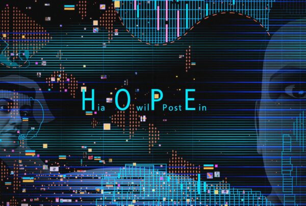 Abstract digital artwork featuring integrated faces with blue grids and futuristic elements centered around the theme of hope and technology.