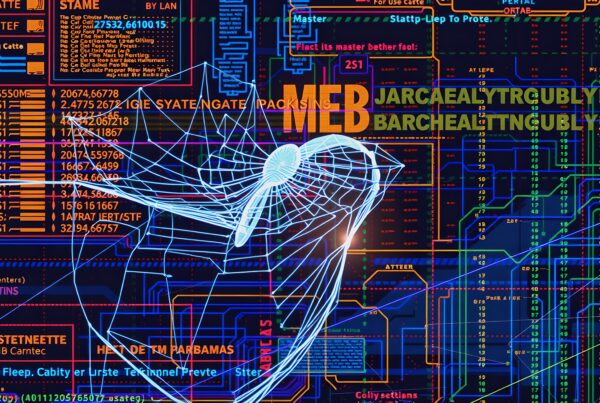 Intricate digital interface with vibrant interconnected lines and text.