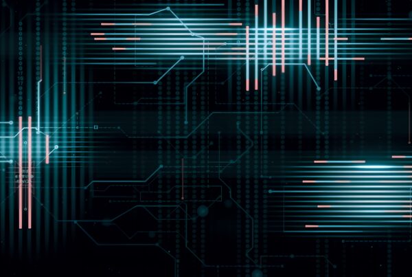 A futuristic digital interface with blue and pink lines forming a complex network on a dark background.