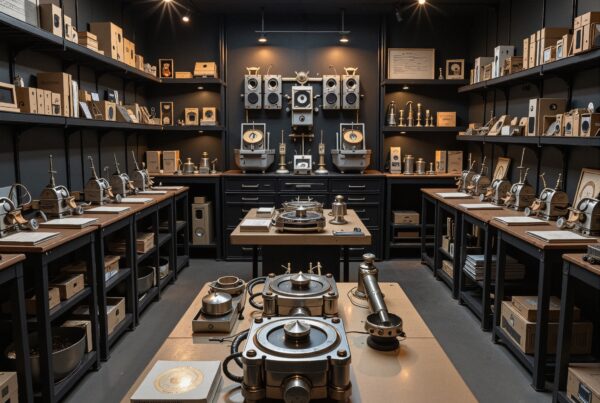 A room filled with historical scientific instruments arranged on tables and shelves under dim lighting.