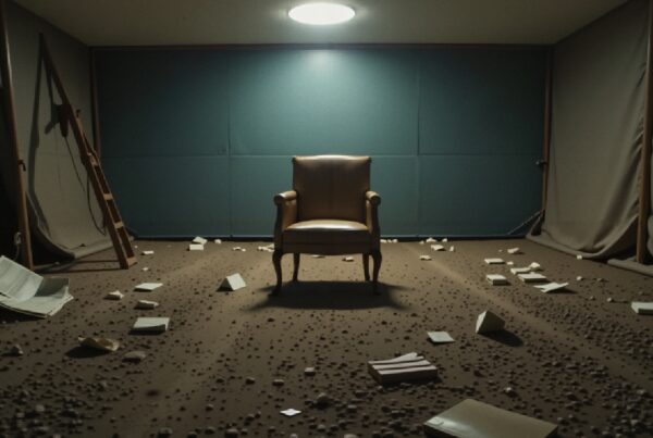 A brown leather armchair sits in a dimly lit room, surrounded by scattered papers and a leaning ladder, evoking a sense of solitude and mystery.