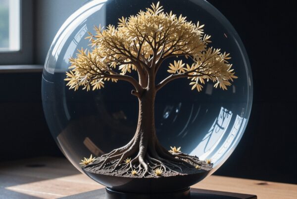 Miniature tree sculpture in a glass dome on a wooden table.