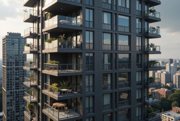 Modern high-rise apartment building with balconies and city skyline.