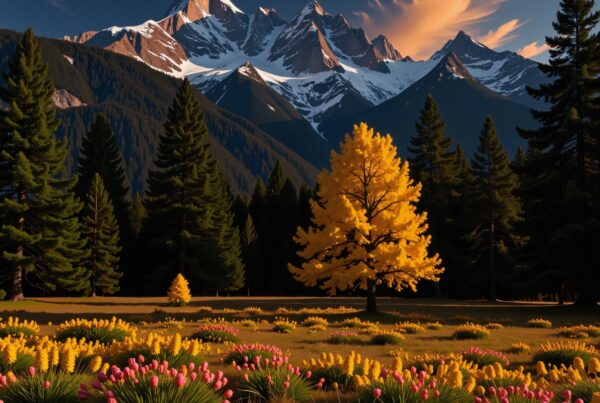 A picturesque meadow with colorful flowers and a golden tree, framed by towering mountains and a sunset sky.