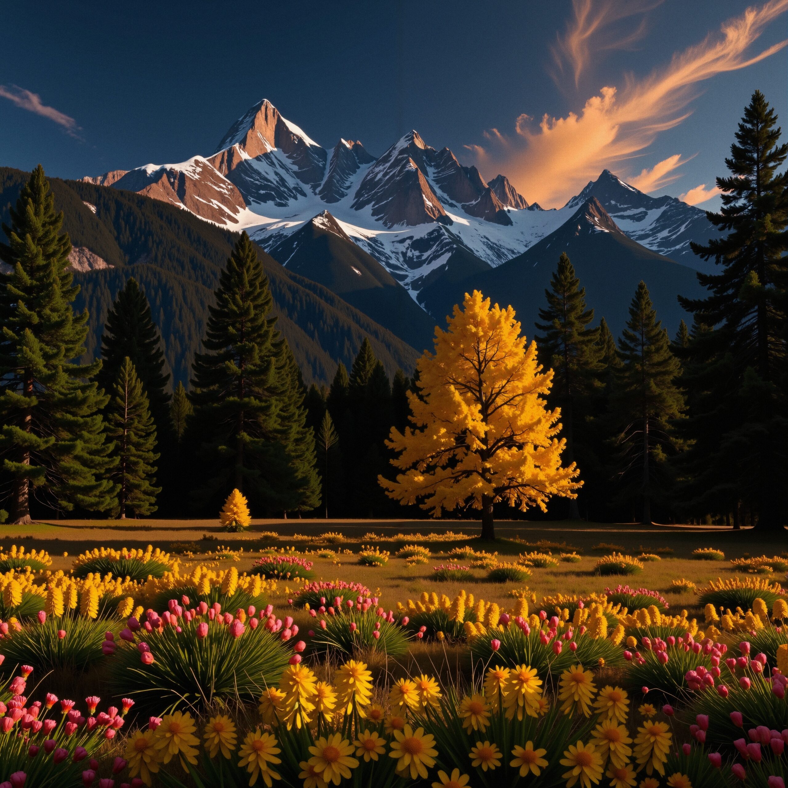 Golden Tree and Mountain Peaks