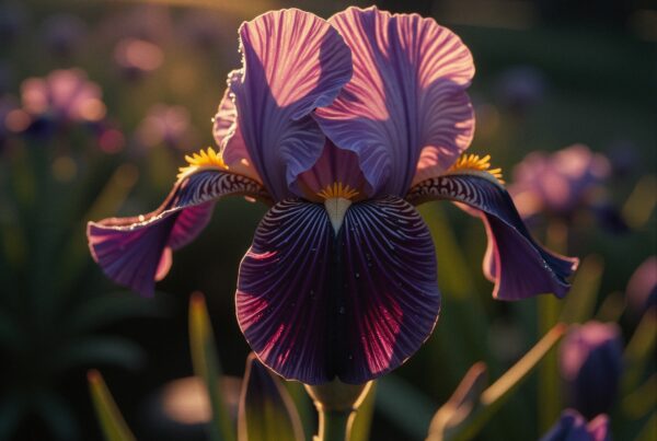 Vivid purple iris flower backlit by morning sun.