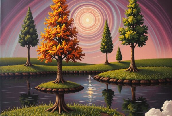 A surreal landscape of floating islands with colorful trees and spiral sky reflecting in water.