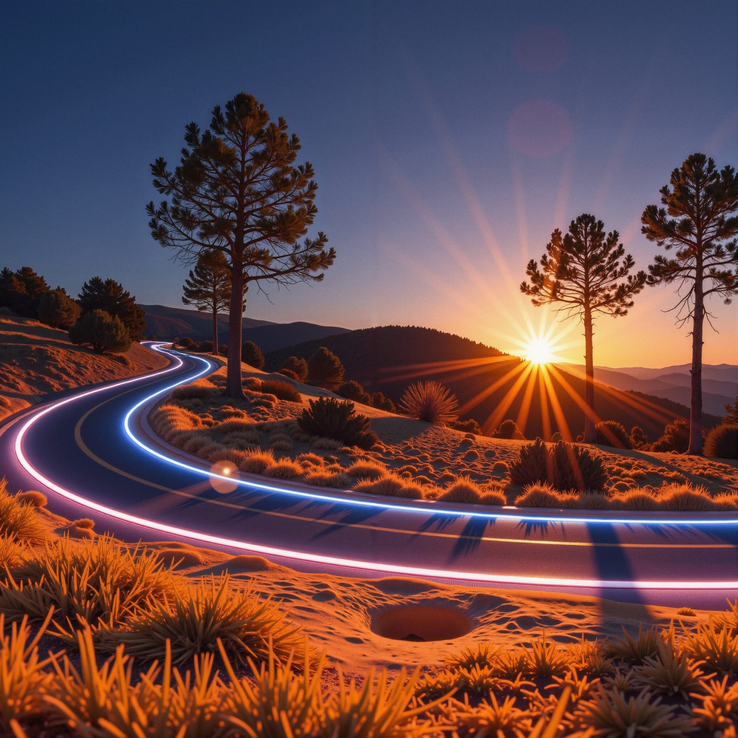 Neon Path Through Sunset Landscape