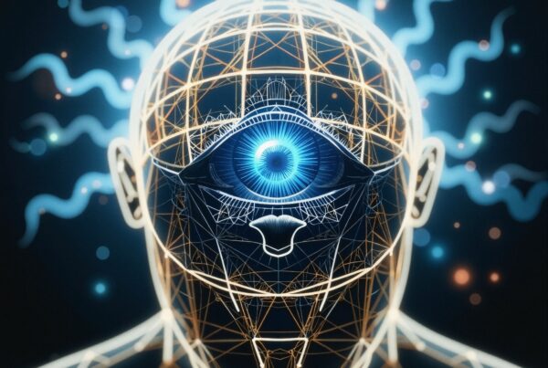 Futuristic digital illustration of a human figure with a large central blue eye and glowing geometric lines on a dark background.