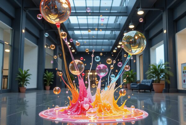 3D art installation with vibrant colors, reflective spheres, and dynamic design in a modern interior setting.