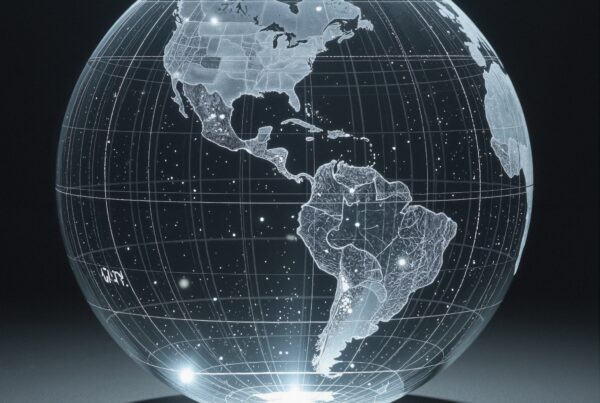 A glowing, digital globe highlighting Earth's continents.