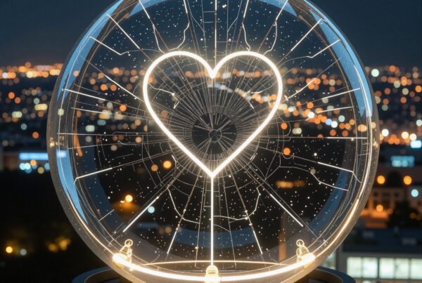 A glowing heart inside a futuristic transparent globe with a cityscape background at night.
