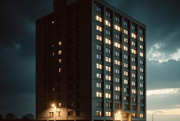 A tall building stands against a stormy sky, with illuminated windows creating a contrast in the peaceful urban setting.