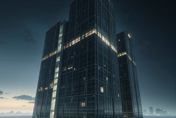 Modern glass skyscrapers at night with illuminated windows against a dusky sky.
