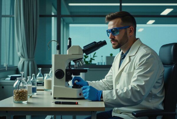 A scientist examines a sample under a microscope in a modern, well-lit laboratory.