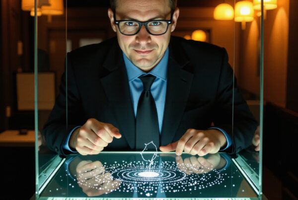 A man engages with a holographic digital interface, bathed in warm ambient lighting.
