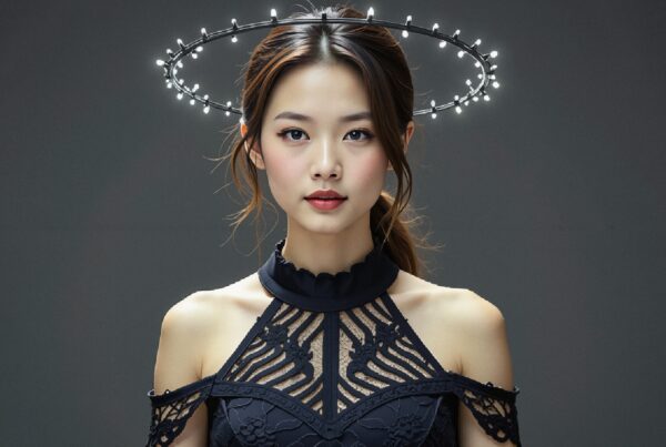 A young woman in a dark lace dress with a glowing halo headpiece against a dark background.