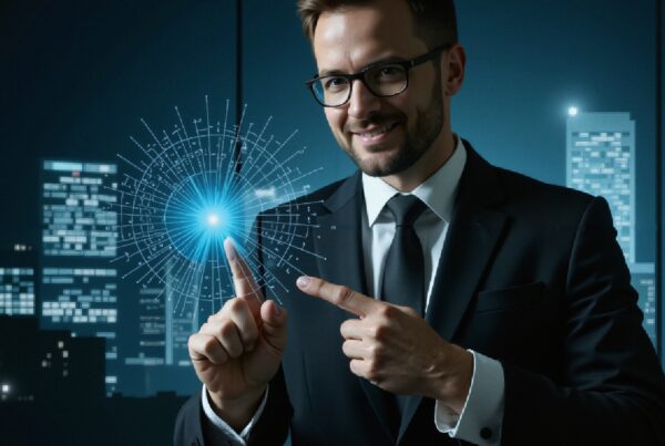 Man interacting with futuristic digital interface against city skyline at night.