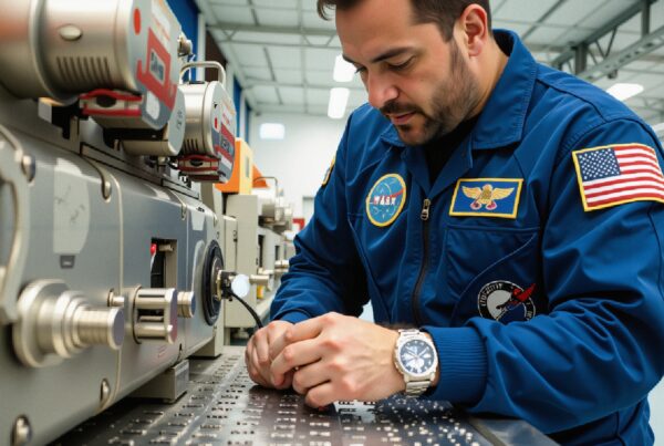 Astronaut in a lab working on machinery, showing concentration and expertise in a NASA mission setting.