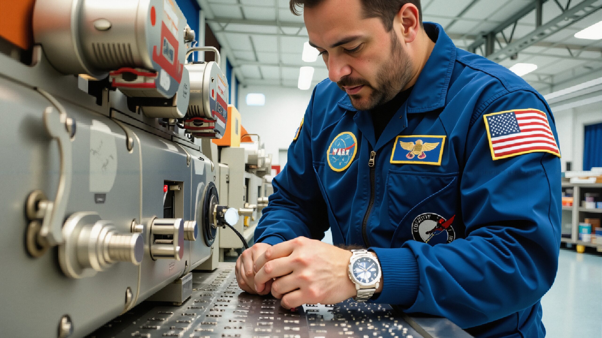 Focused astronaut at technical work