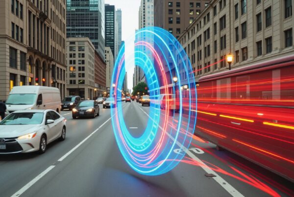 A futuristic street scene with vibrant digital light patterns.