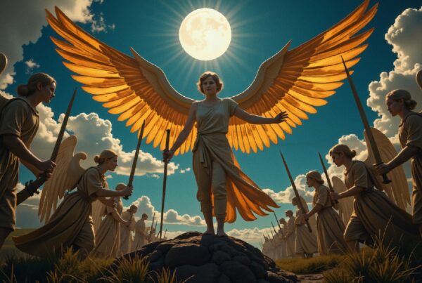 A group of angels with golden wings holding spears in a celestial landscape under a bright sun.