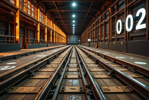 View of an illuminated modern train depot interior with converging tracks and large numerical displays.