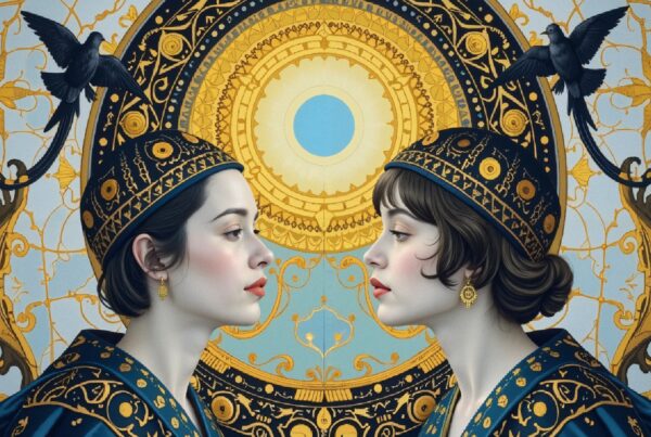 Two women in ornate costumes with detailed golden patterns and birds in the background, creating a symmetrical visual.