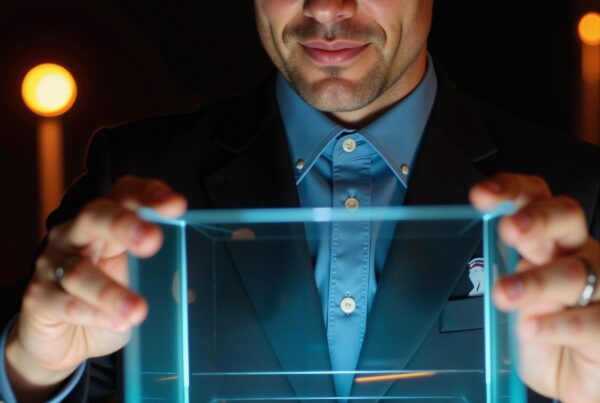 A man in sunglasses holds a glowing blue cube in a dark room, creating a mysterious technological ambiance.