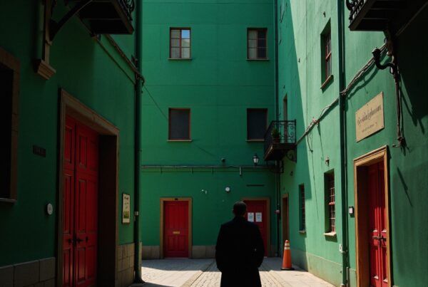 Person stands in green alleyway with contrasting red doors and shadows.