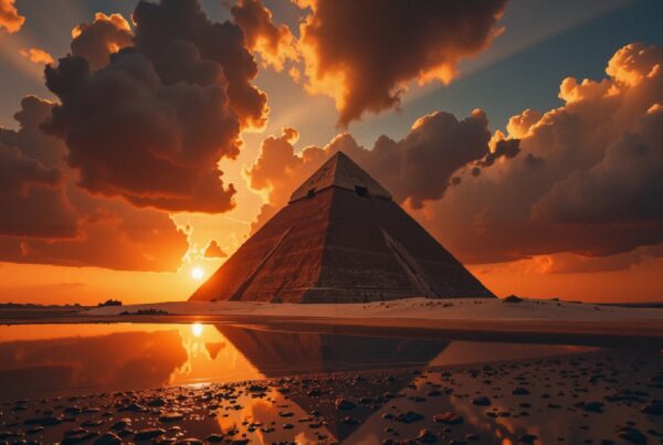 A pyramid silhouetted against an orange sunset with dramatic clouds reflected in water.