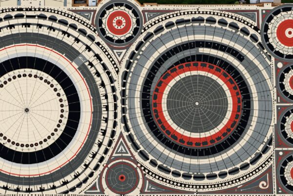 Aerial view of intricate circular geometric patterns with concentric shapes and multiple colors.