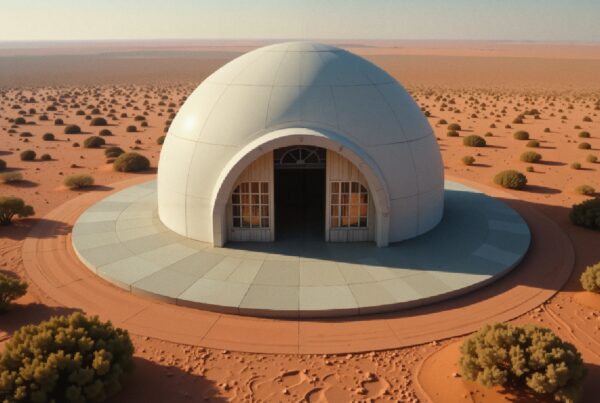 Modern white dome structure in desert landscape.