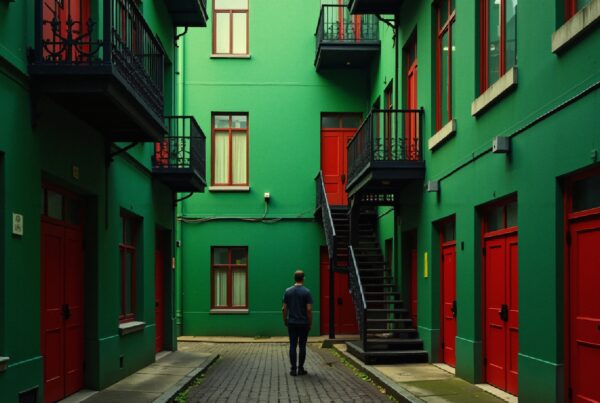 A man stands in a courtyard with green walls and red doors.