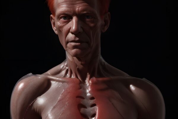 A hyper-realistic digital sculpture of a man with red hair, showcasing intricate anatomical details against a dark background.